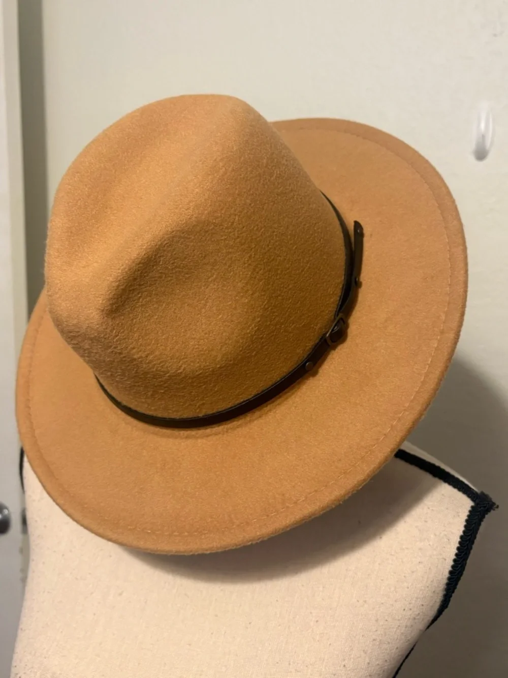 Camel Wide Brim Fedora Hat Tan Felt Panama Style with Buckle Belt Detail